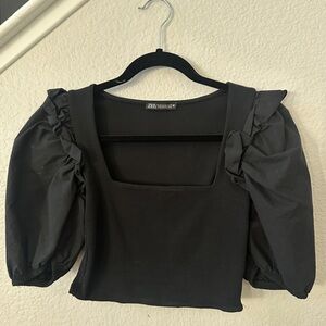 Zara Black Ruffled Puff Sleeve Blouse cropped